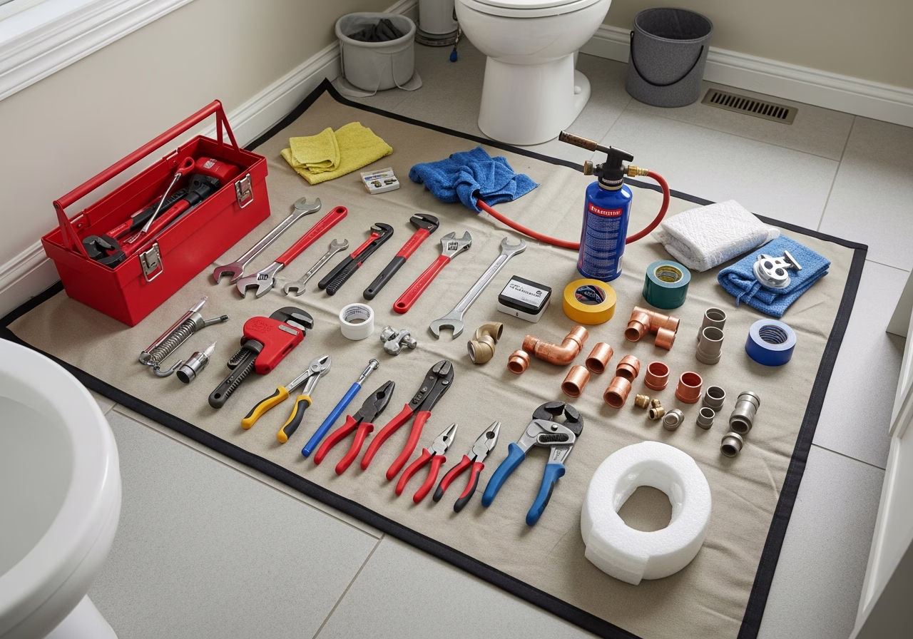 Toilet Repair — tools and materials staged in a Greater Toronto Area home
