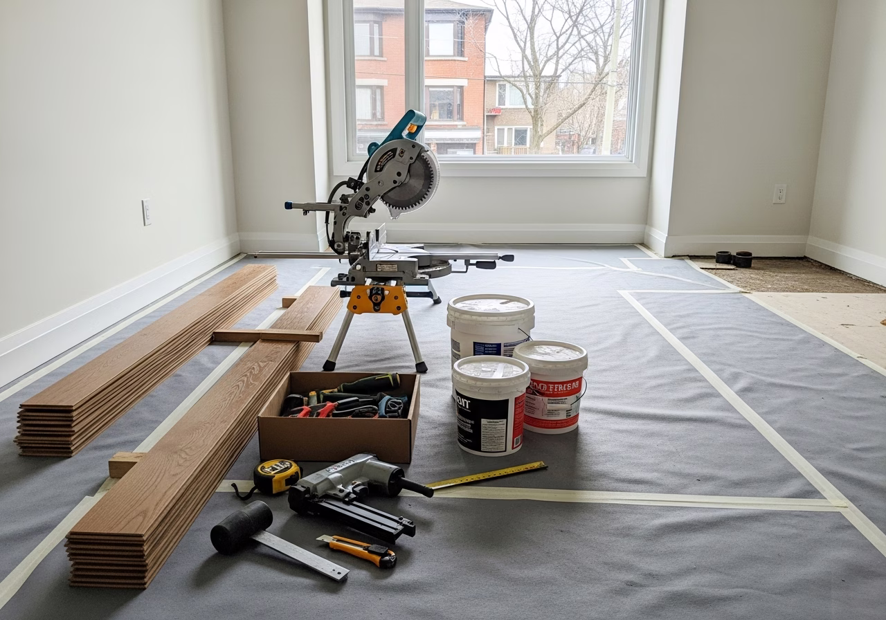 Tools for Wood Floor Installation — tools and materials staged in a Greater Toronto Area home