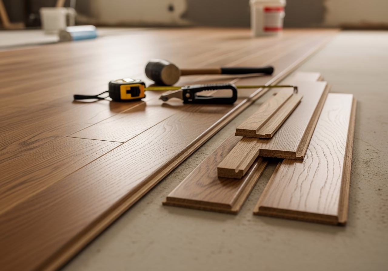Tools for Wood Floor Installation — close-up of professional workmanship in a Toronto-area home