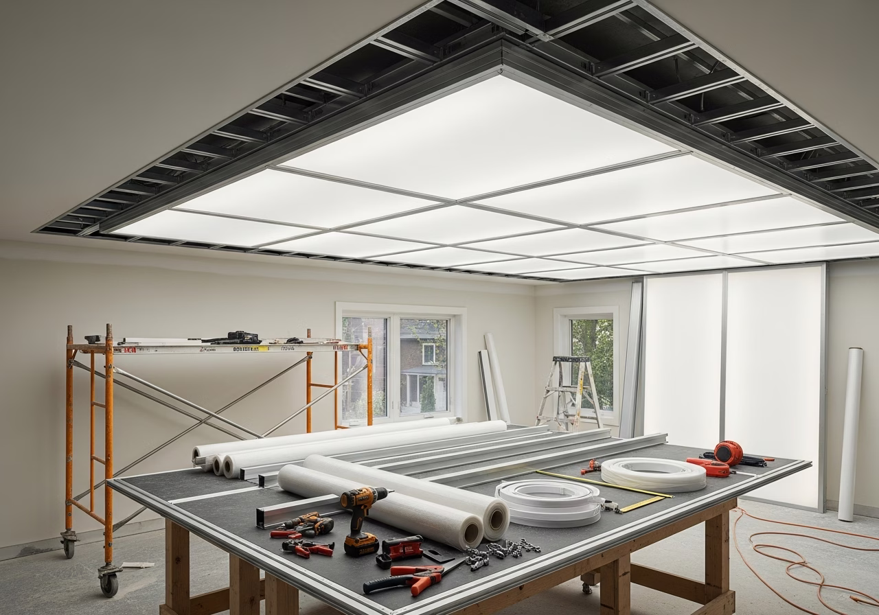 Translucent Backlit Panel Stretch Ceiling — tools and materials staged in a Greater Toronto Area home