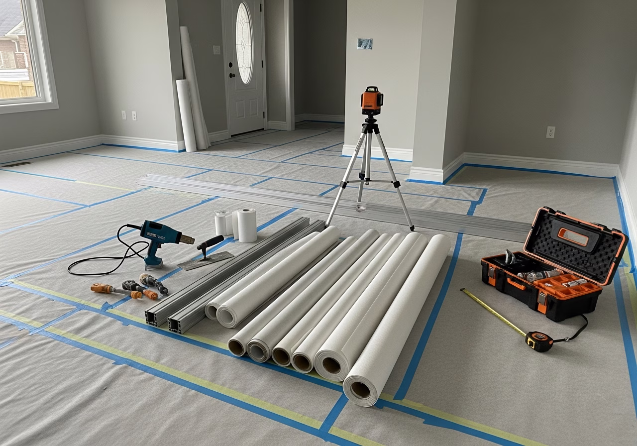 Translucent vs Opaque Stretch Ceiling — tools and materials staged in a Greater Toronto Area home
