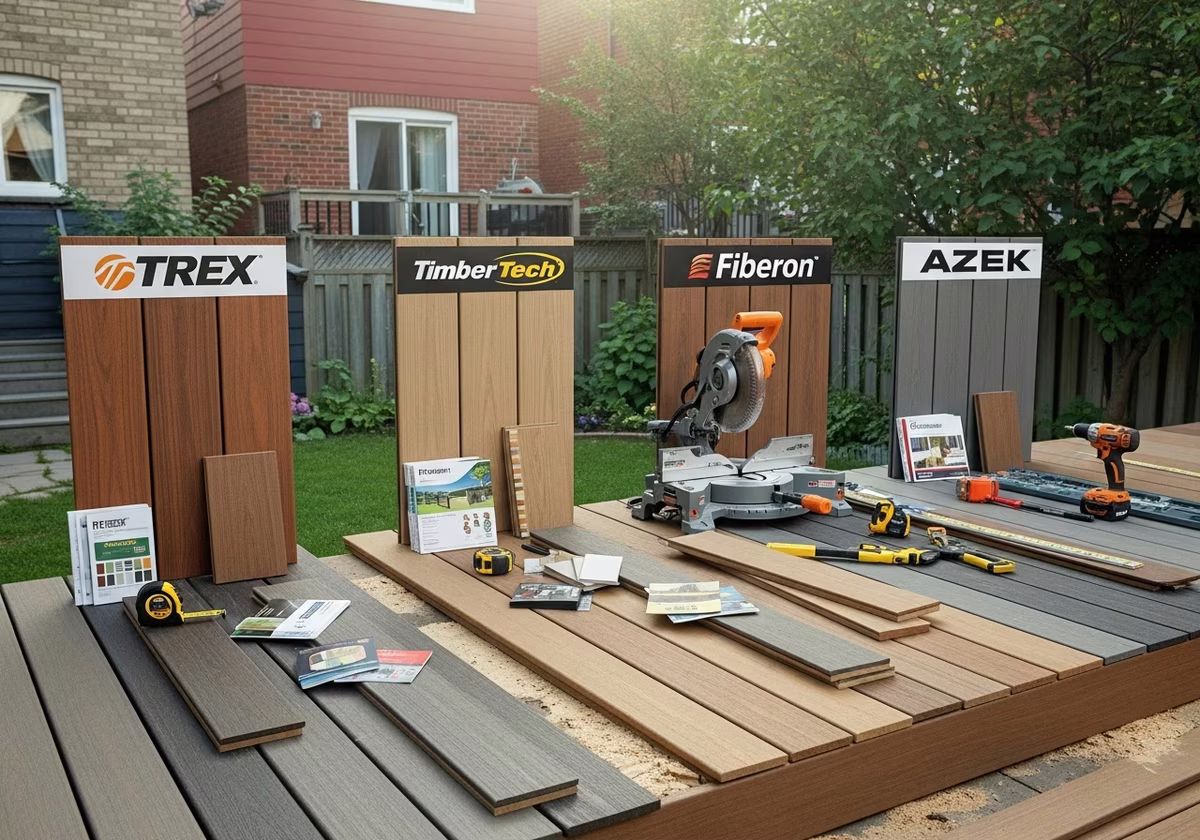 Trex vs TimberTech vs Fiberon vs AZEK โ tools and materials staged in a Greater Toronto Area home