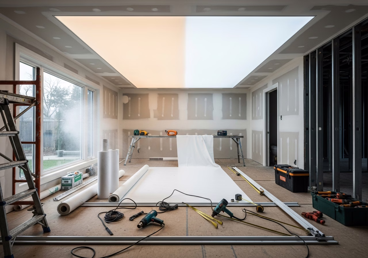 Tunable White Stretch Ceiling for Circadian Lighting — tools and materials staged in a Greater Toronto Area home