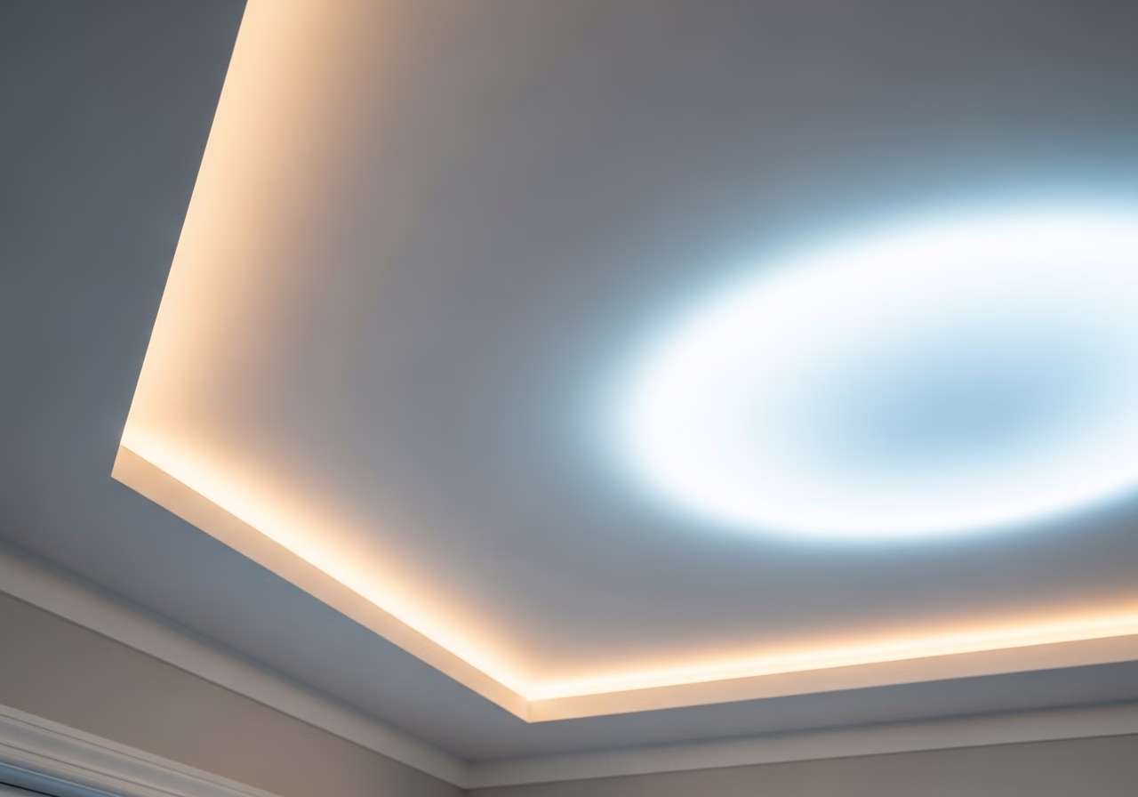 Tunable White Stretch Ceiling for Circadian Lighting — close-up of professional workmanship in a Toronto-area home