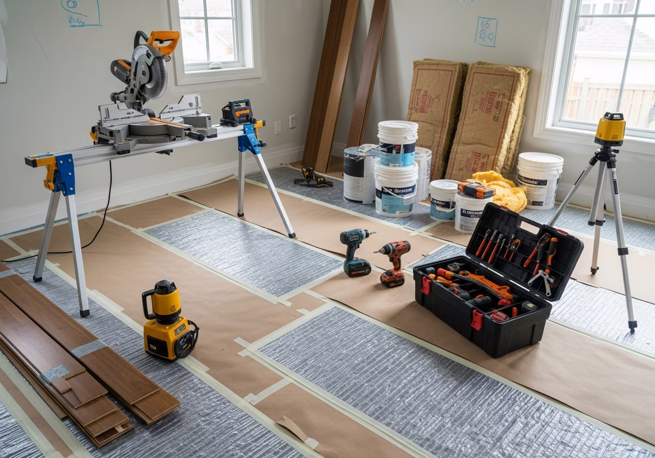 Underpinning — tools and materials staged in a Greater Toronto Area home