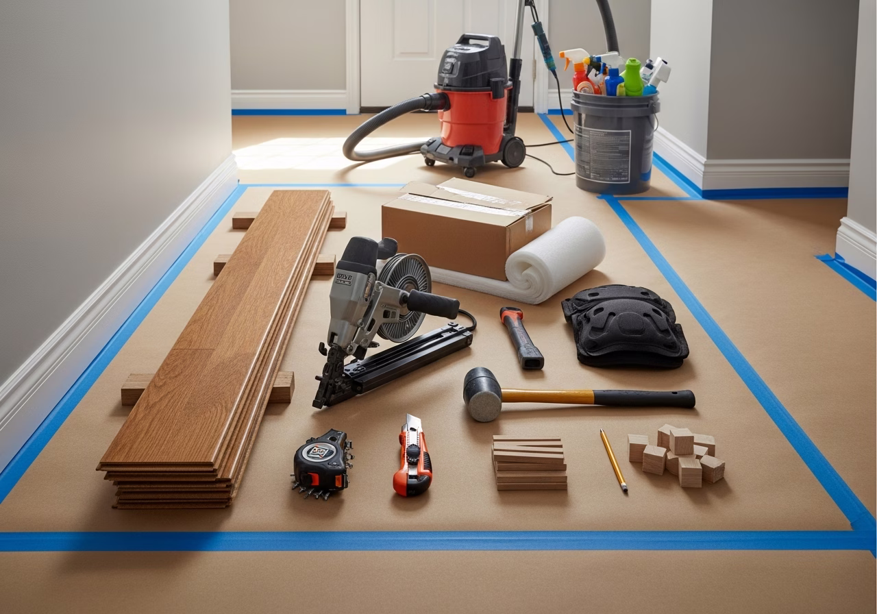 Vinyl Flooring Installation — tools and materials staged in a Greater Toronto Area home