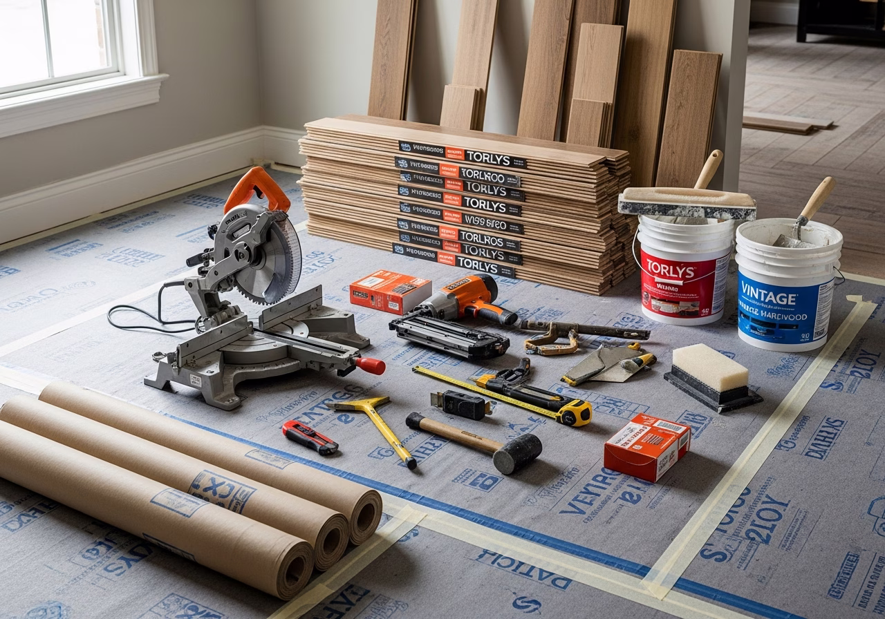 Vinyl Flooring vs Laminate β tools and materials staged in a Greater Toronto Area home