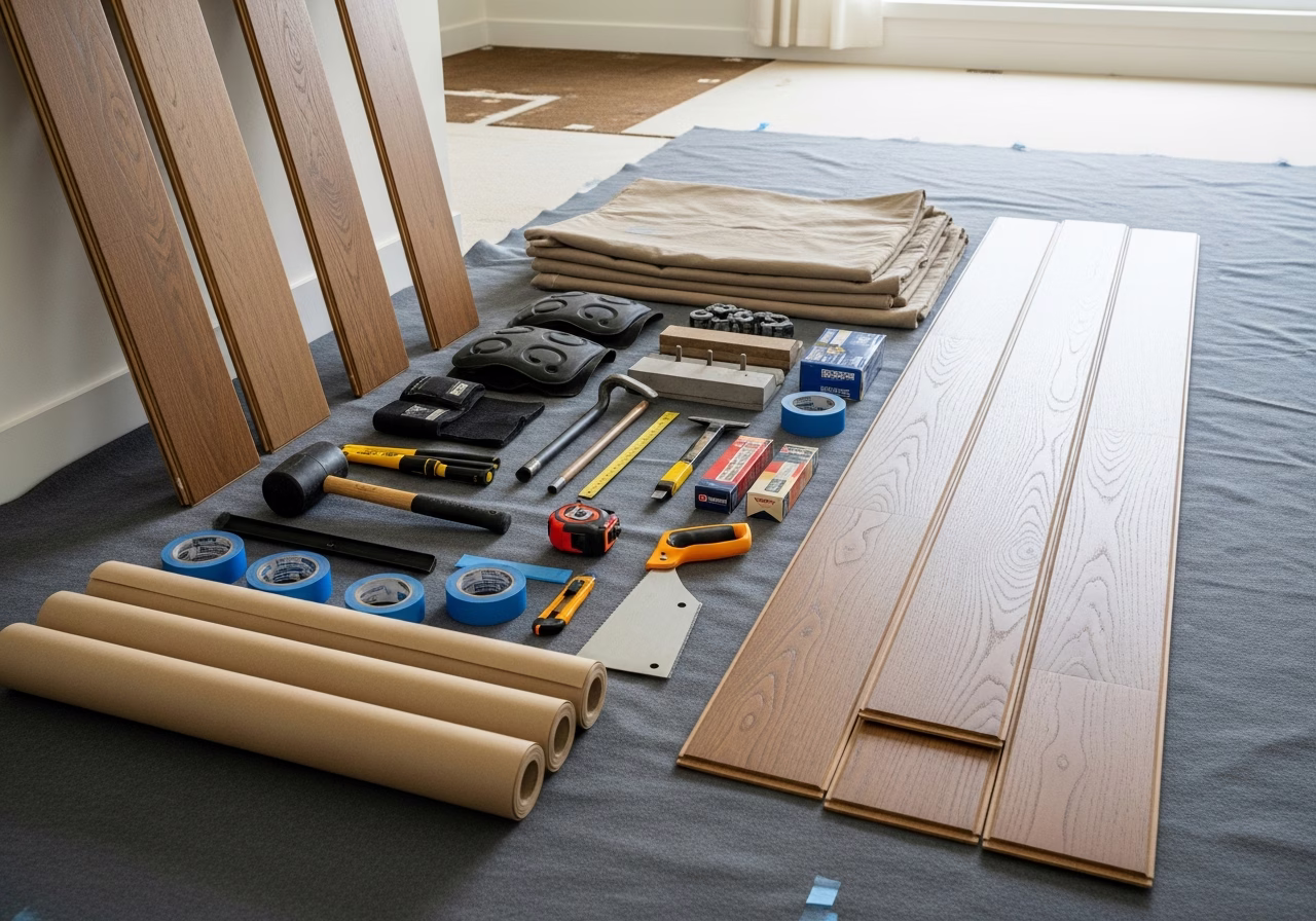 Vinyl Plank Flooring — tools and materials staged in a Greater Toronto Area home