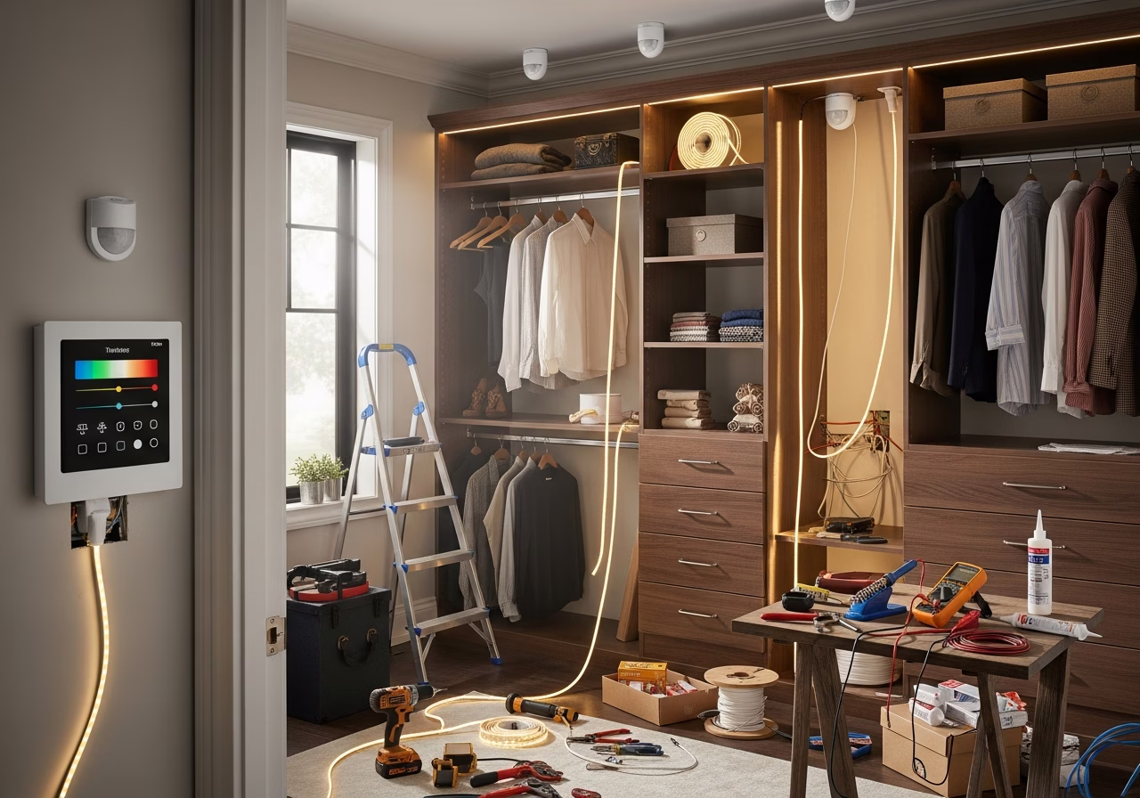 Walk-in Closet Lighting β tools and materials staged in a Greater Toronto Area home
