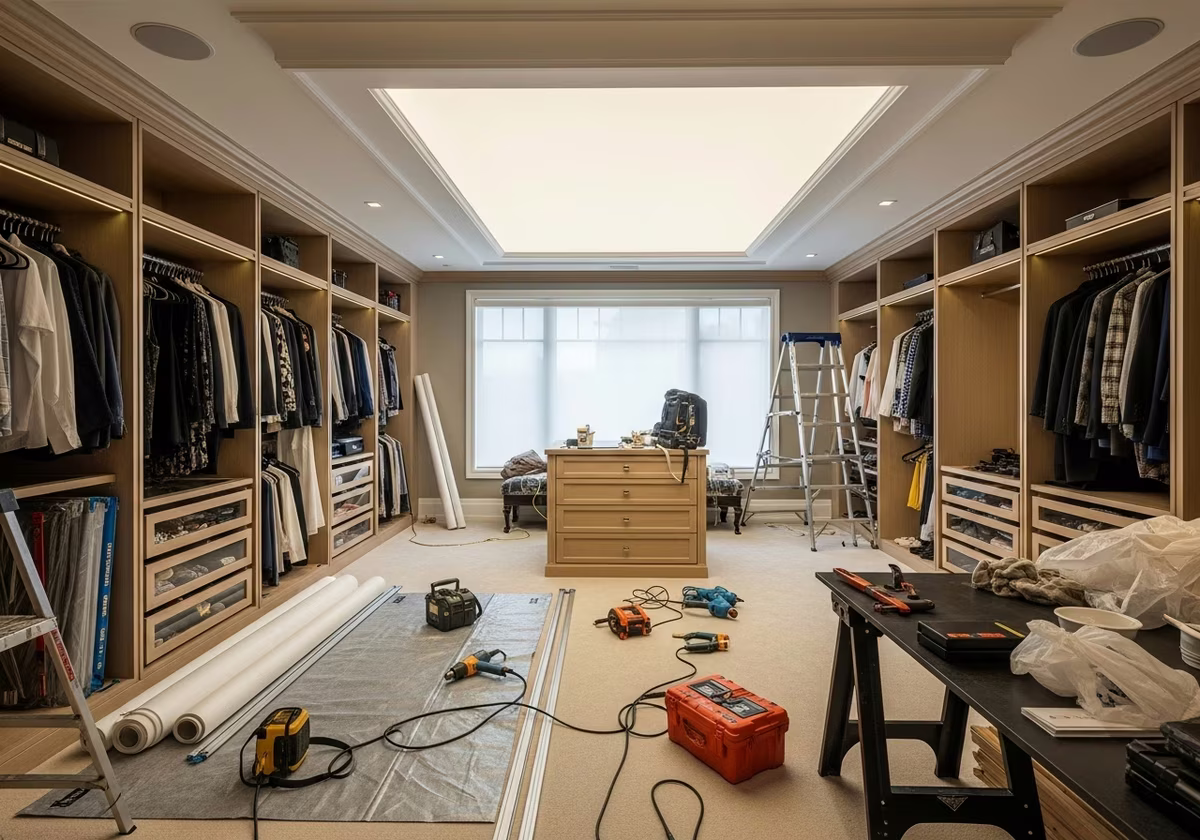Walk-In Closet Stretch Ceiling — tools and materials staged in a Greater Toronto Area home