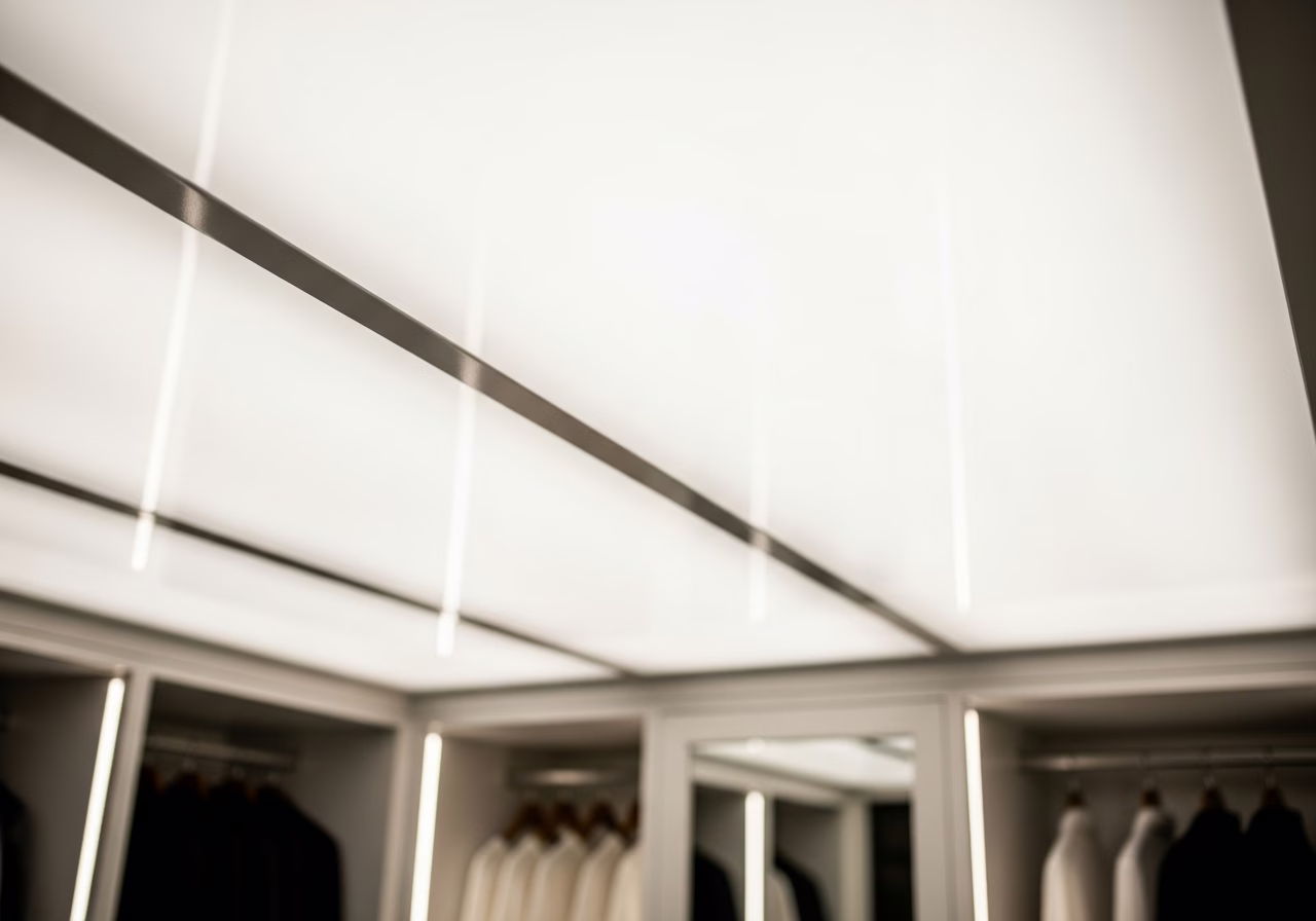Walk-In Closet Stretch Ceiling — close-up of professional workmanship in a Toronto-area home