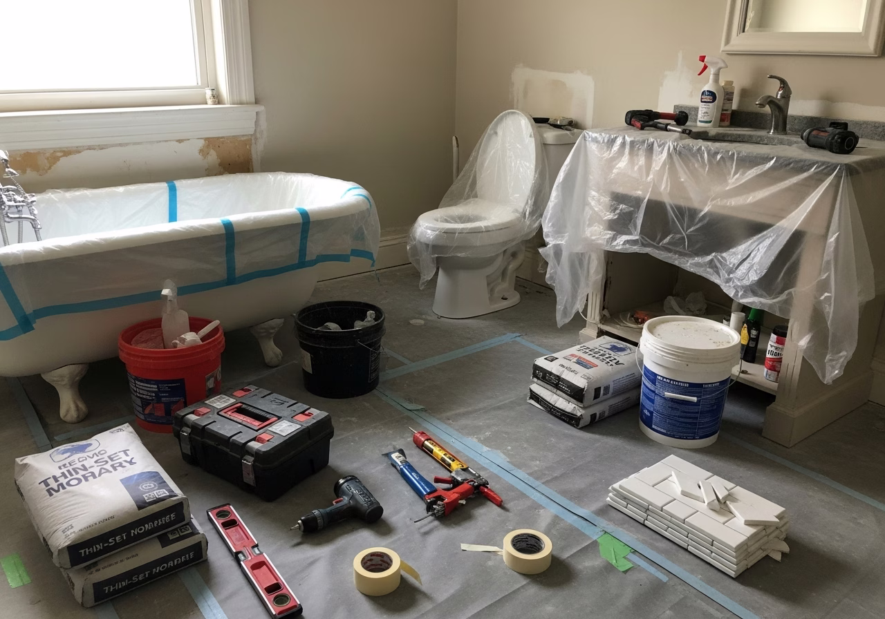 Walk-In Shower โ tools and materials staged in a Greater Toronto Area home