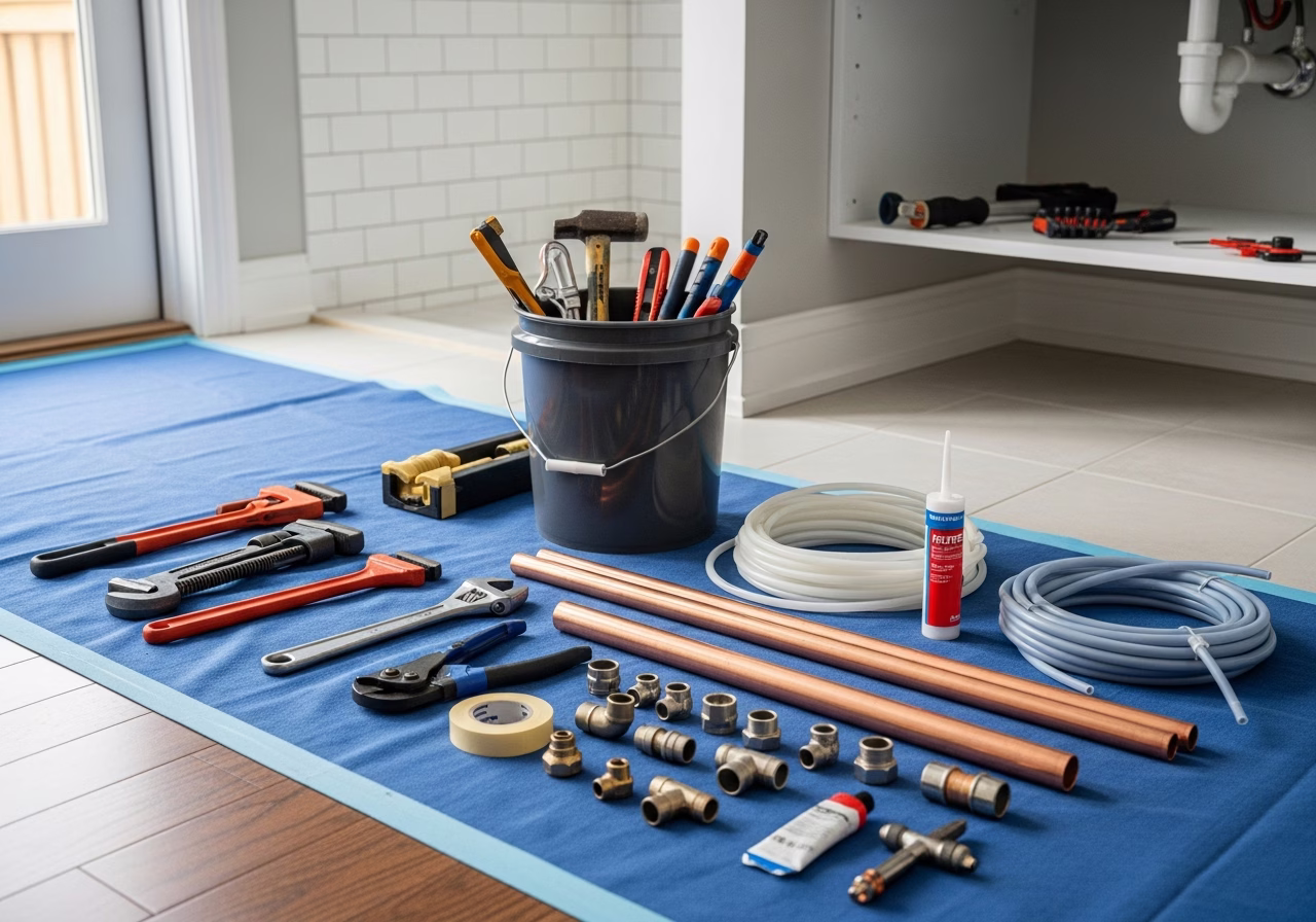 Water Heater Installation — tools and materials staged in a Greater Toronto Area home