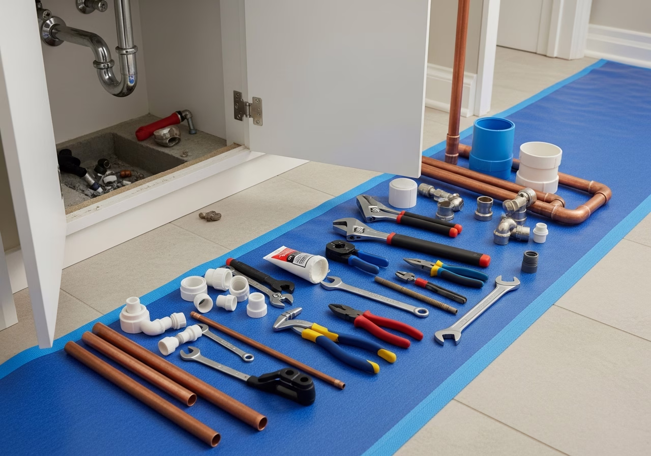 Water Heater Maintenance — tools and materials staged in a Greater Toronto Area home