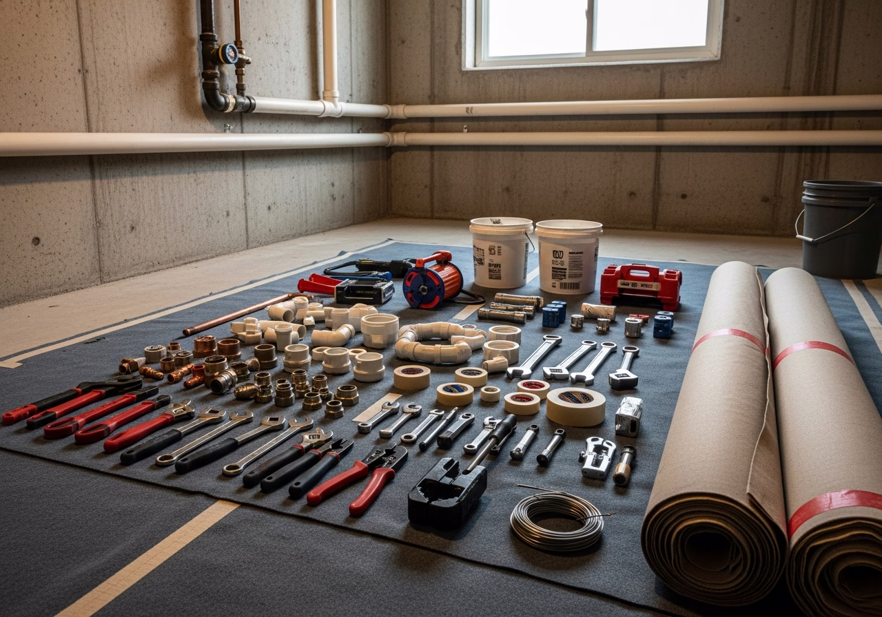 Water Softener Installation — tools and materials staged in a Greater Toronto Area home