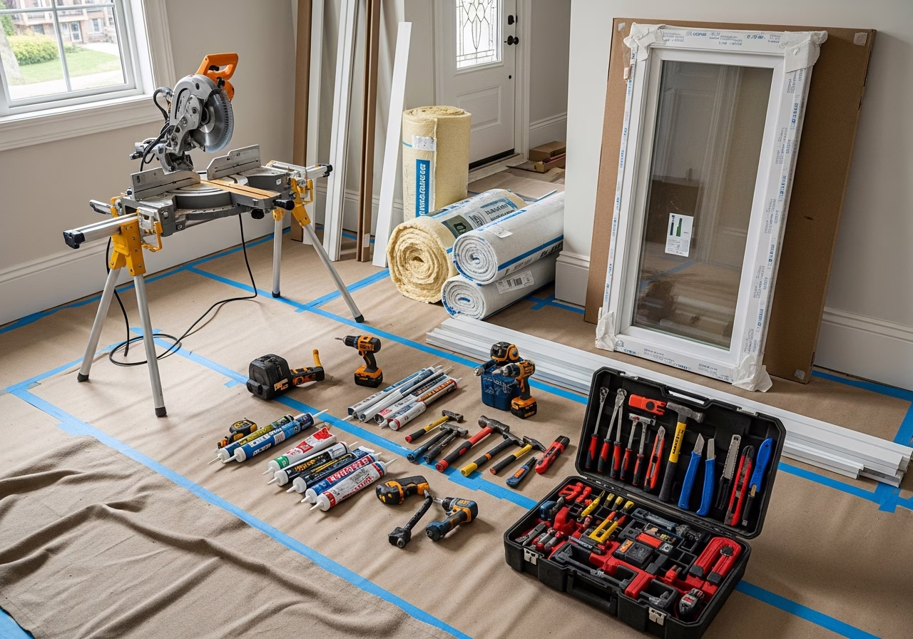 Window Replacement — tools and materials staged in a Greater Toronto Area home
