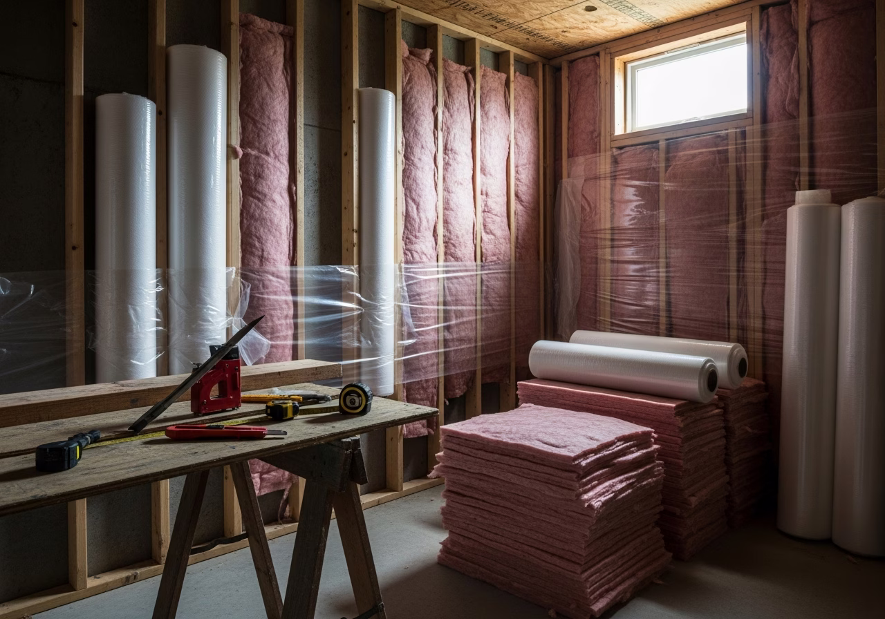 Wine Cellar Vapor Barrier and Insulation โ tools and materials staged in a Greater Toronto Area home