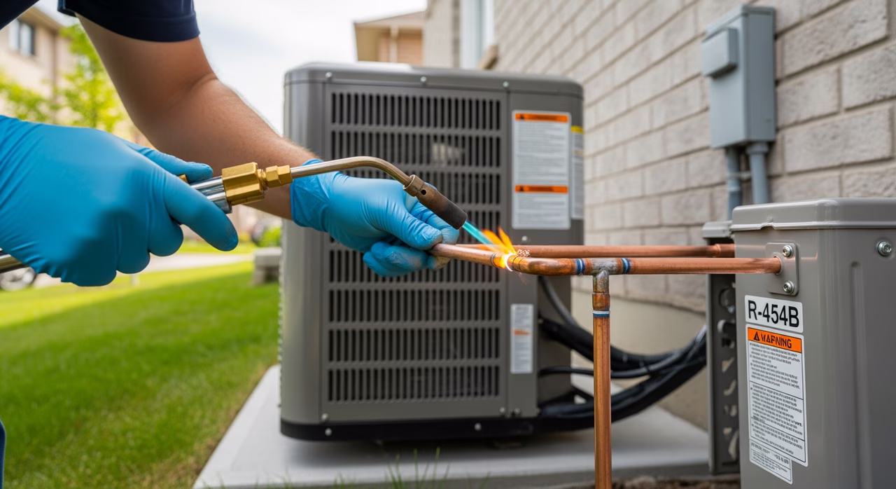 ODP-certified technician installing R-454B central AC condenser on concrete pad in Mississauga