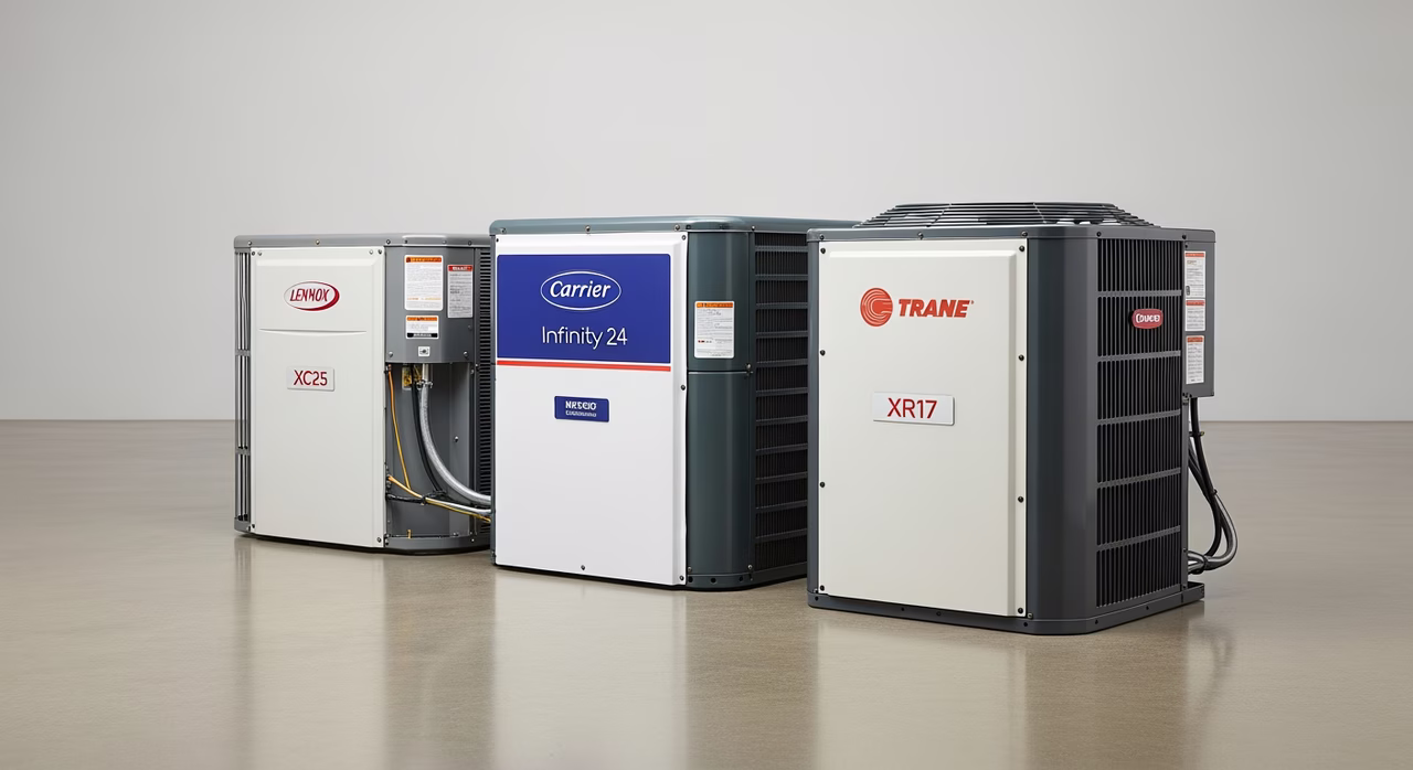 Lennox XC25, Carrier Infinity 24, and Trane XR17 central AC models compared on display