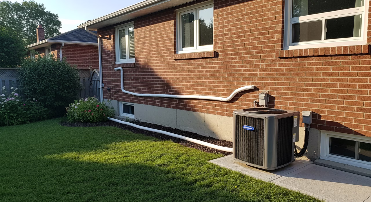 New SEER2 17 central AC condenser unit installed in Scarborough backyard with lineset cover