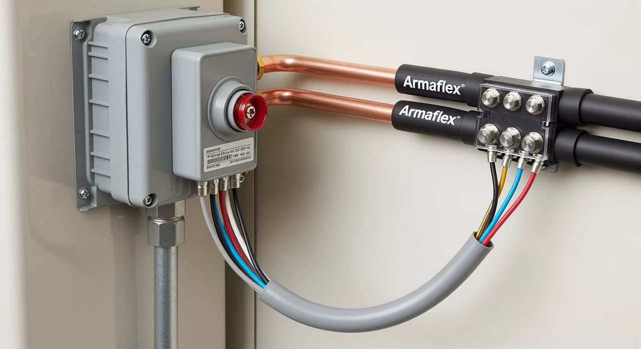 Close-up of refrigerant lineset, outdoor disconnect, and condenser whip on Toronto AC pad