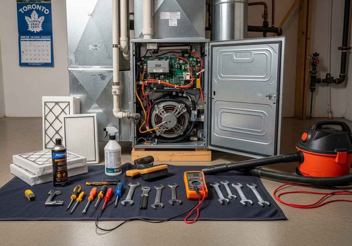 Furnace Tune-Up & Maintenance tools and materials staged in Toronto home