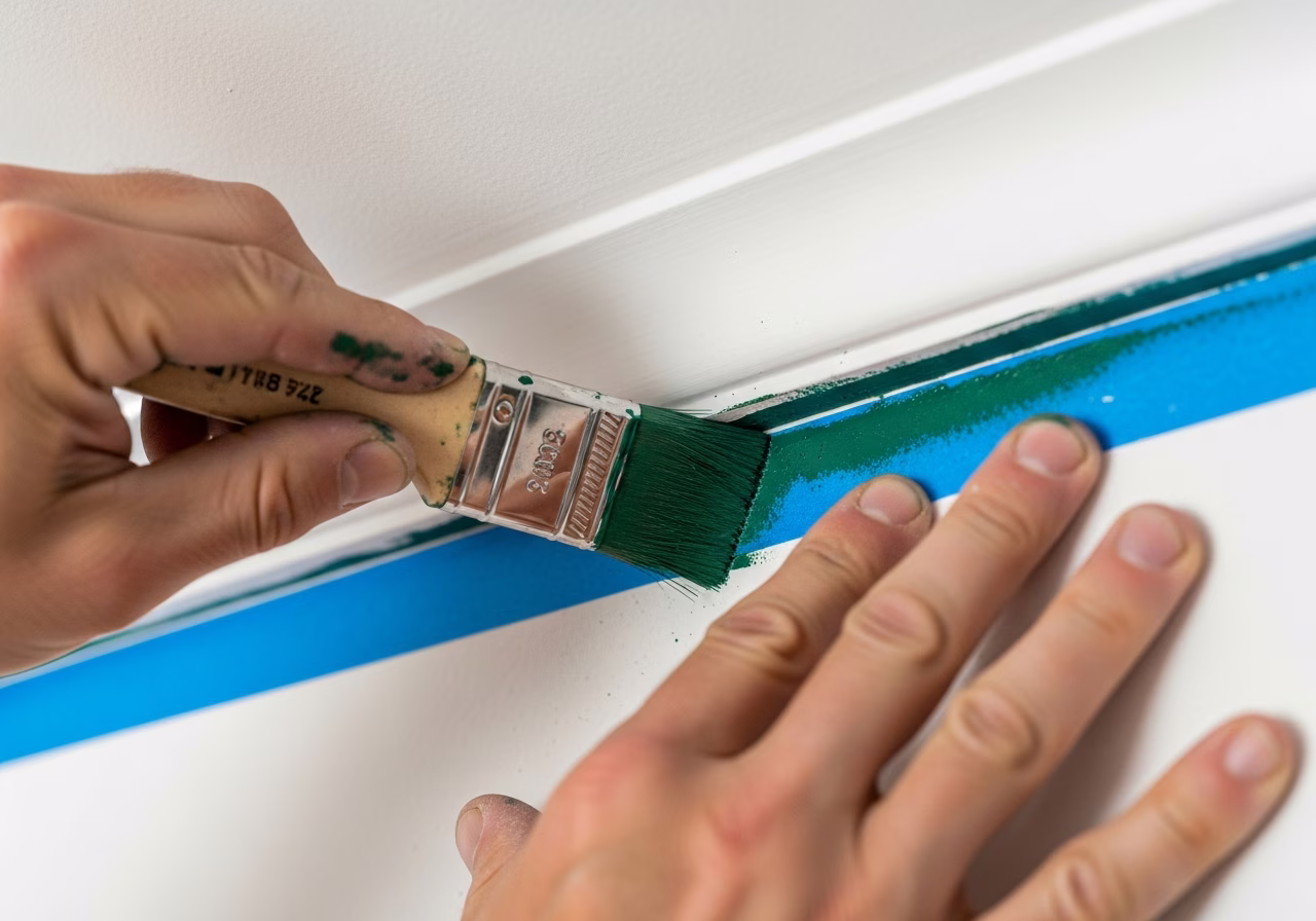 Cutting in hunter-green accent wall paint at ceiling line with angled brush