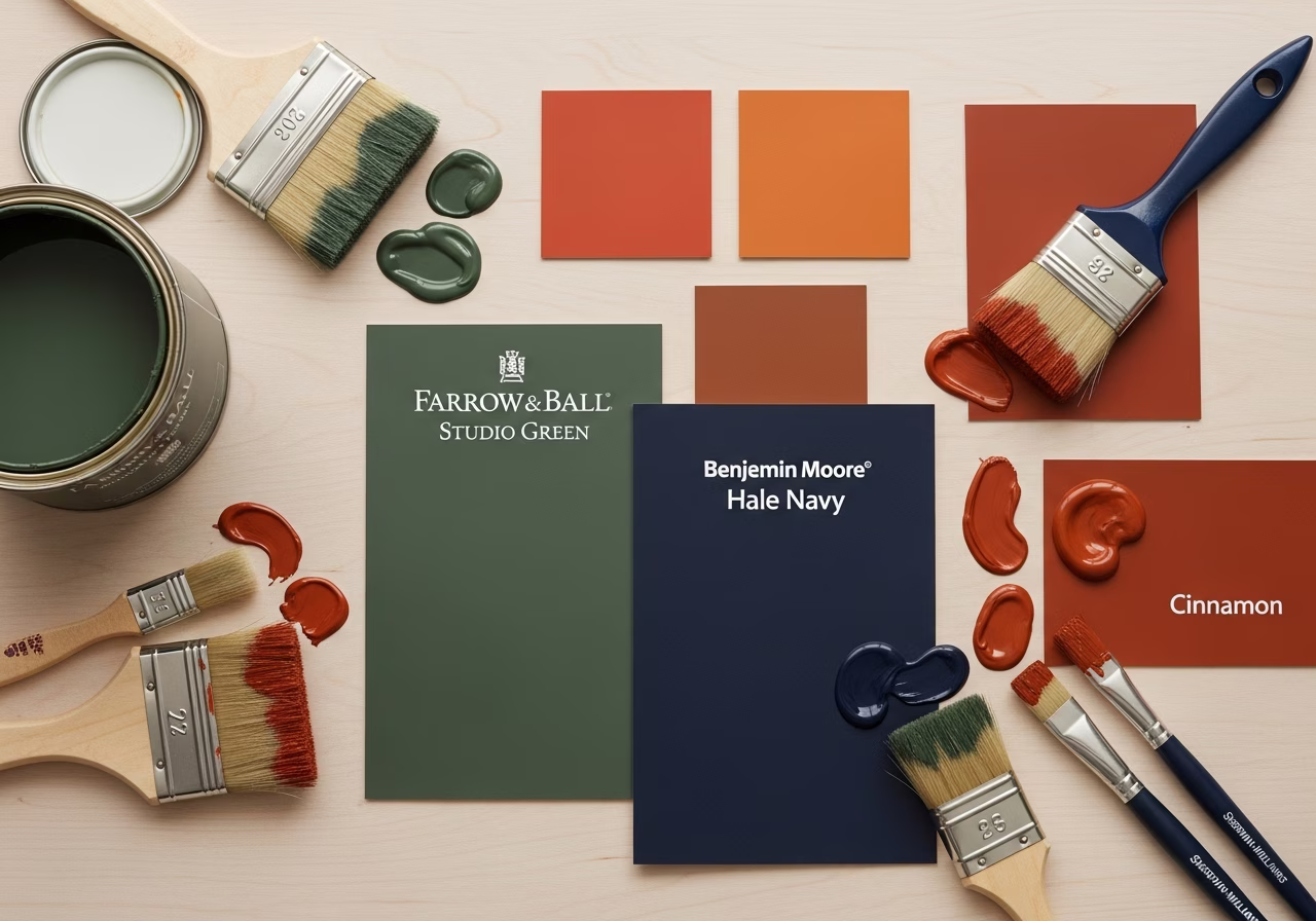 Designer accent wall paint samples — Farrow & Ball, Benjamin Moore, terracotta swatches