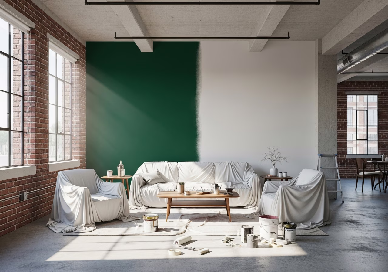 Accent wall in progress — hunter green over primer white in Toronto loft