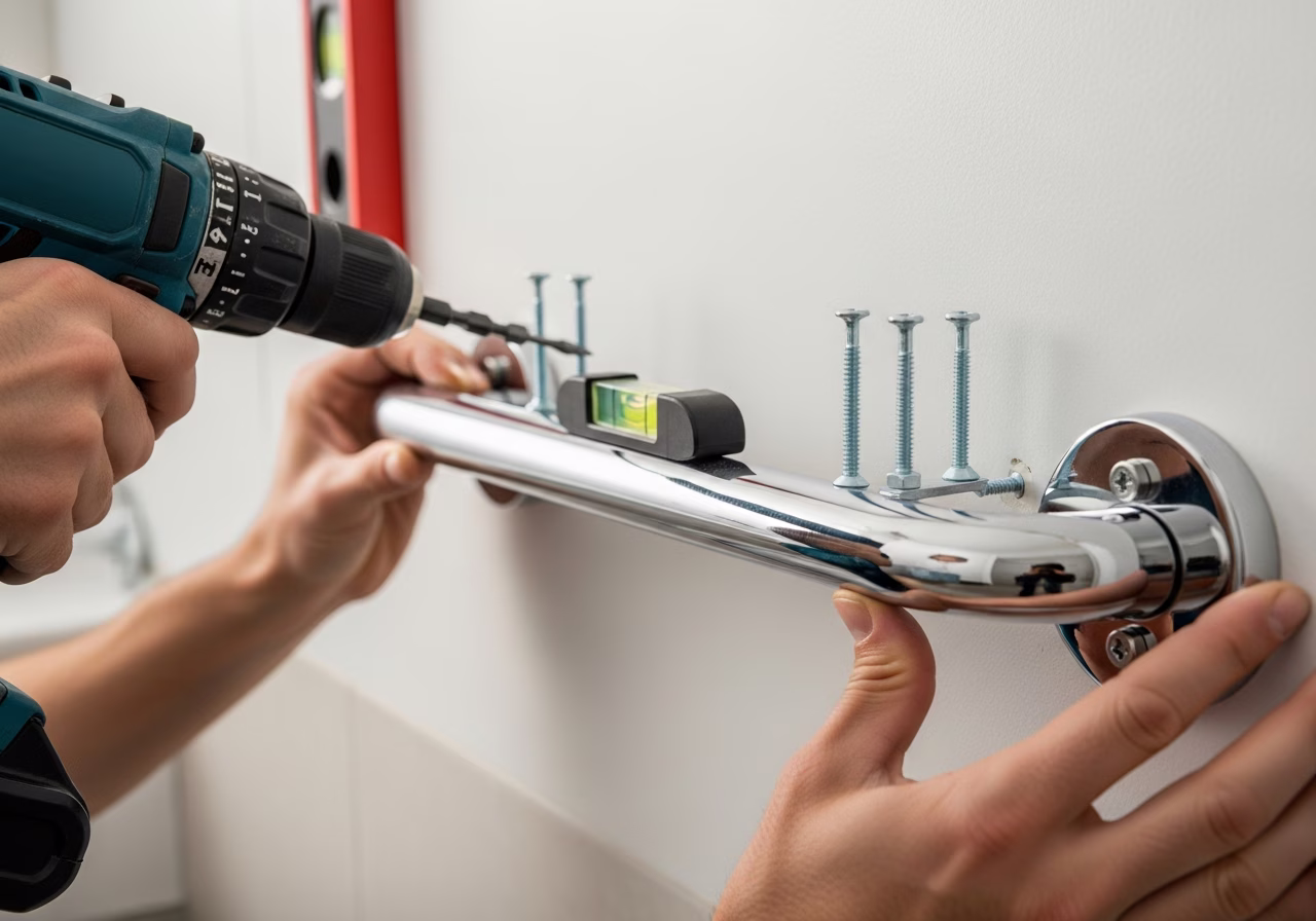 Installing ADA-compliant chrome grab bar with stud-anchored screws and level