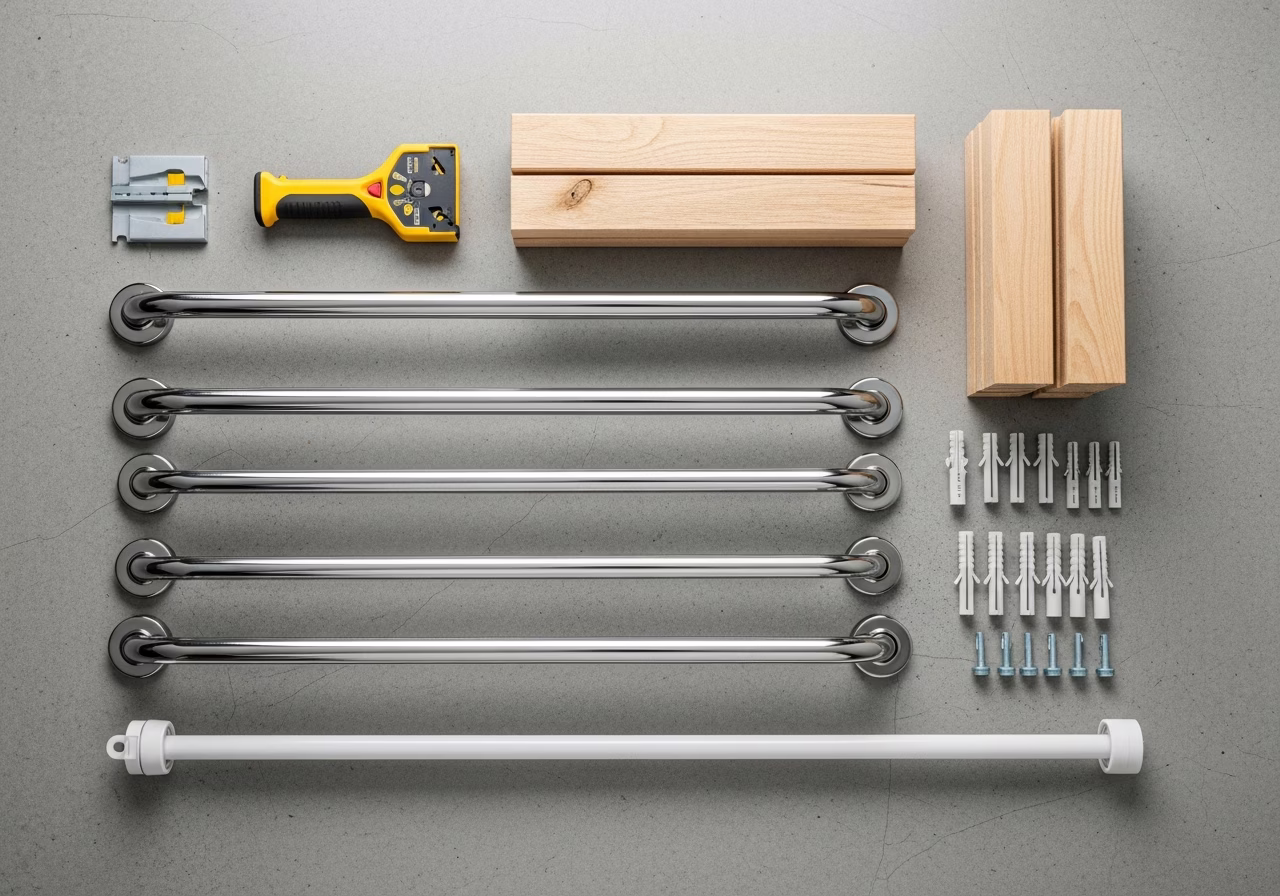 Accessibility kit β chrome grab bars, stud finder, blocking lumber, anchors