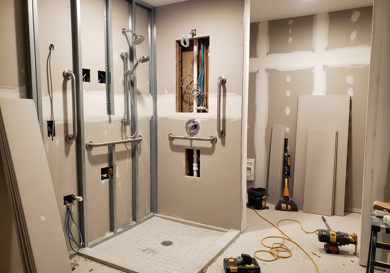 Toronto walk-in shower with grab bars mid-install β blocking visible behind drywall