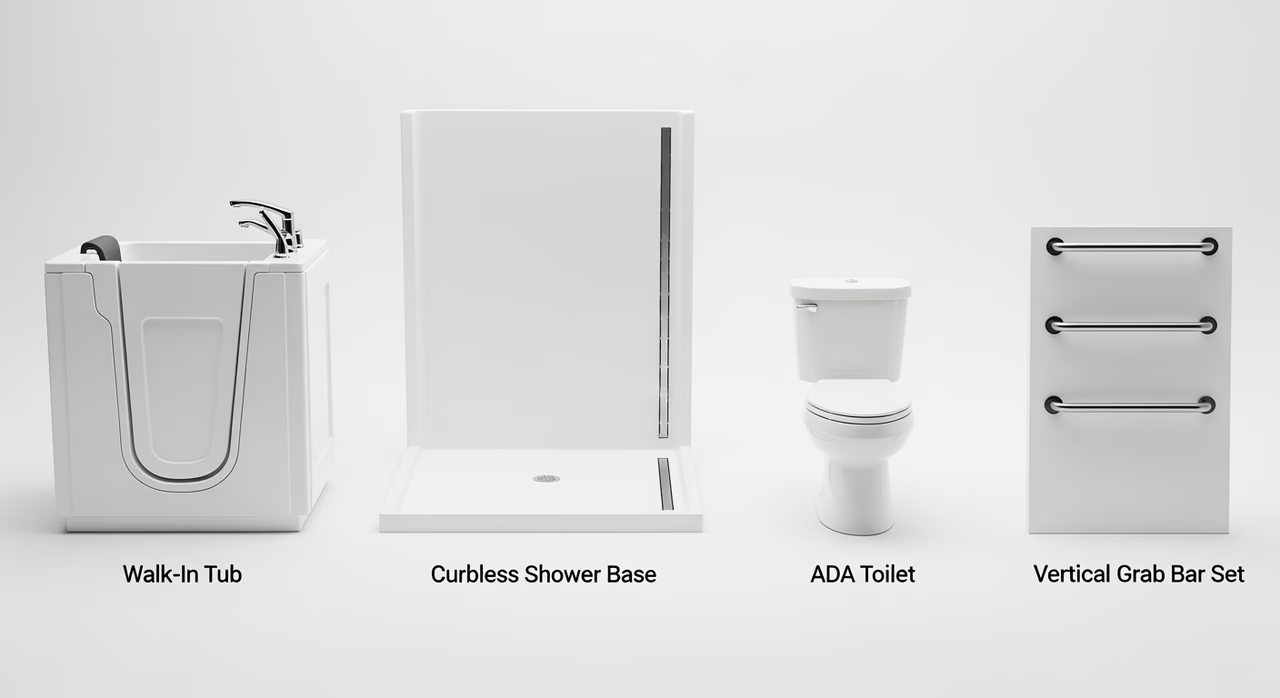 ADA-style grab bars, comfort-height toilets, and barrier-free vanities compared on display