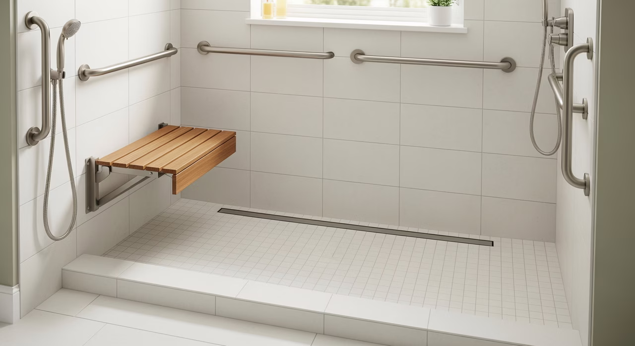 Close-up of blocking, grab bar mounting, and curbless shower threshold per OBC 3.8 accessibility