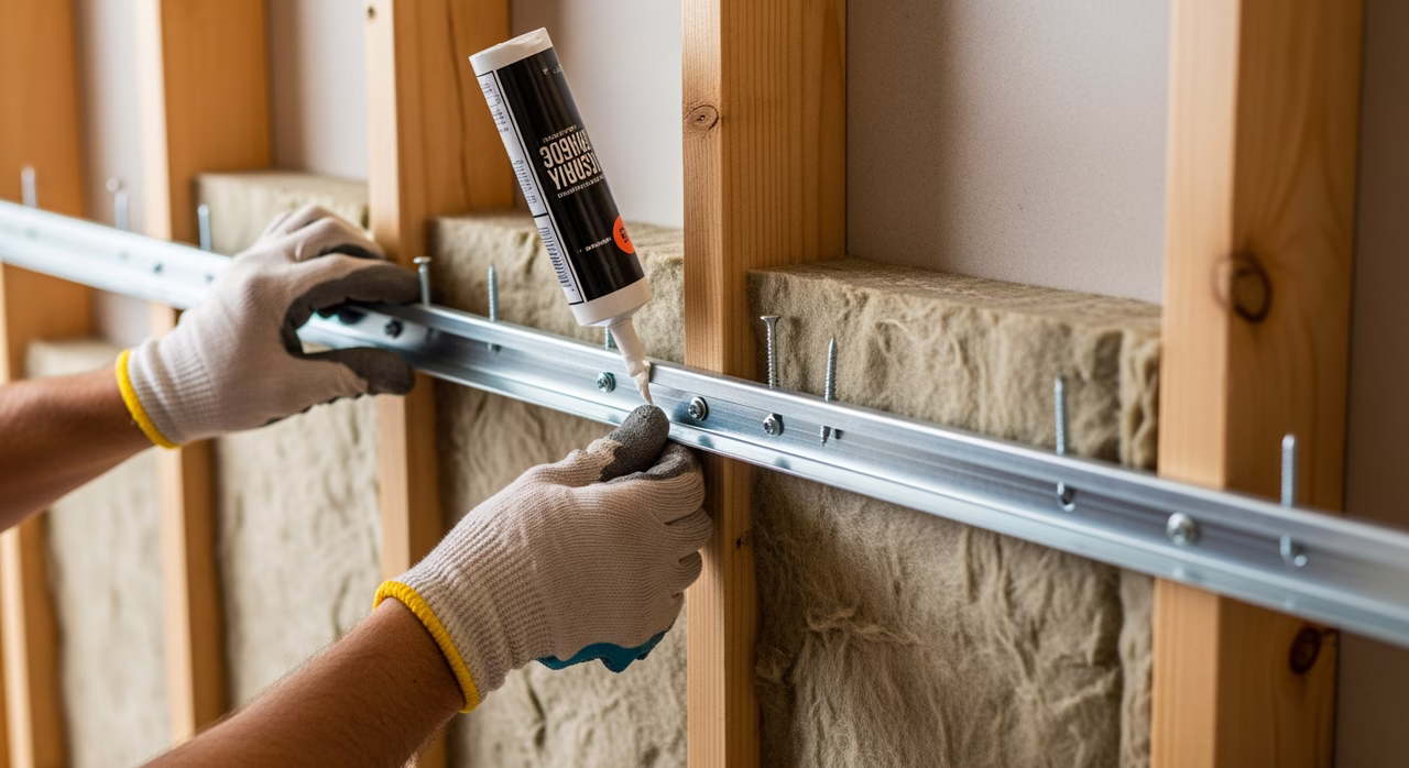 Soundproofing contractor installing RC channel resilient channel onto stud framing with mineral-wool batts in cavity