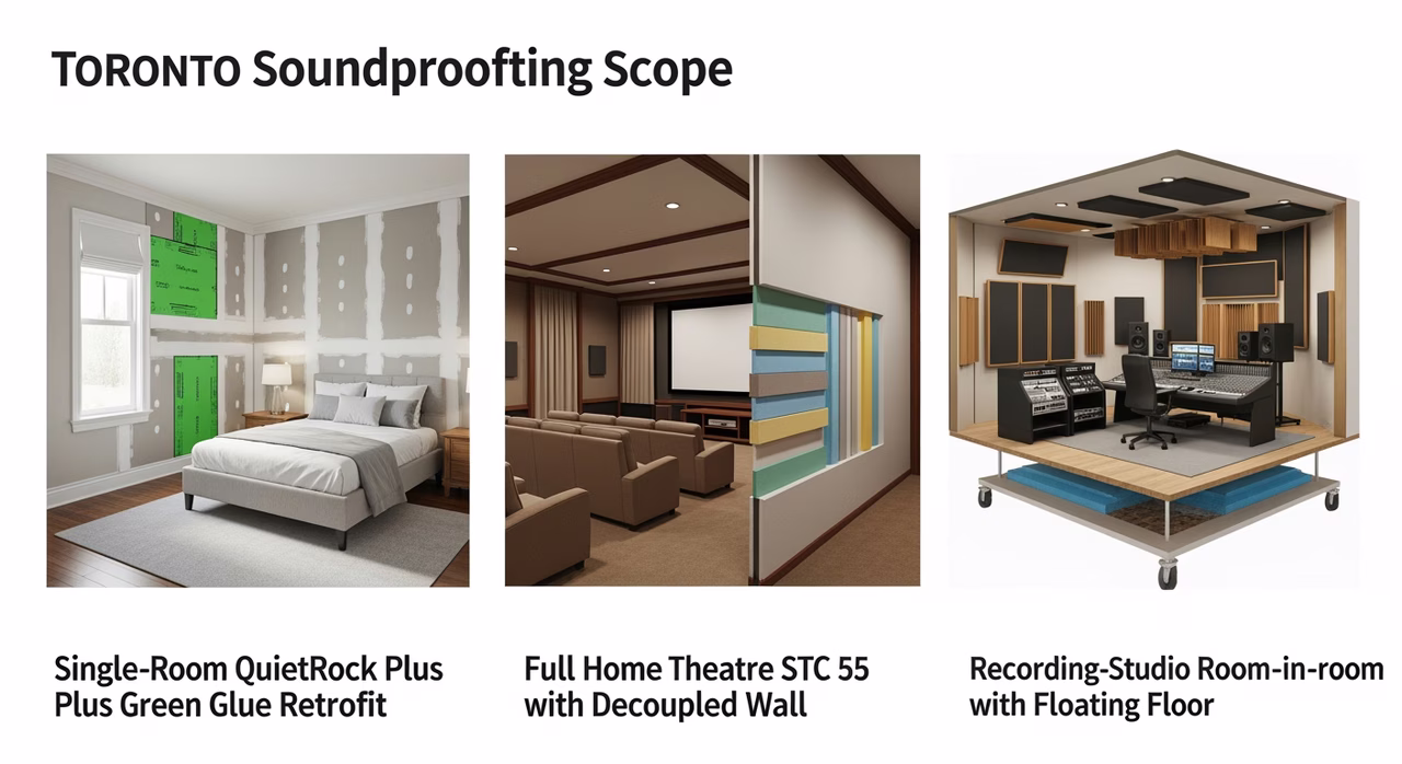 Three Toronto soundproofing scopes compared: STC 50 QuietRock retrofit, STC 55 home theatre decoupled, STC 65 recording studio room-in-room