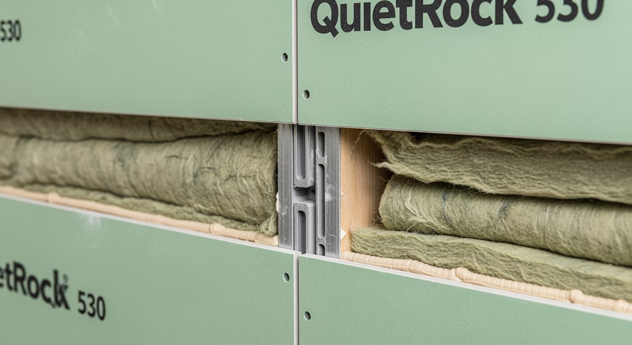 Toronto Annex semi-detached party-wall with QuietRock 530 panels on RC channel and mineral-wool insulation
