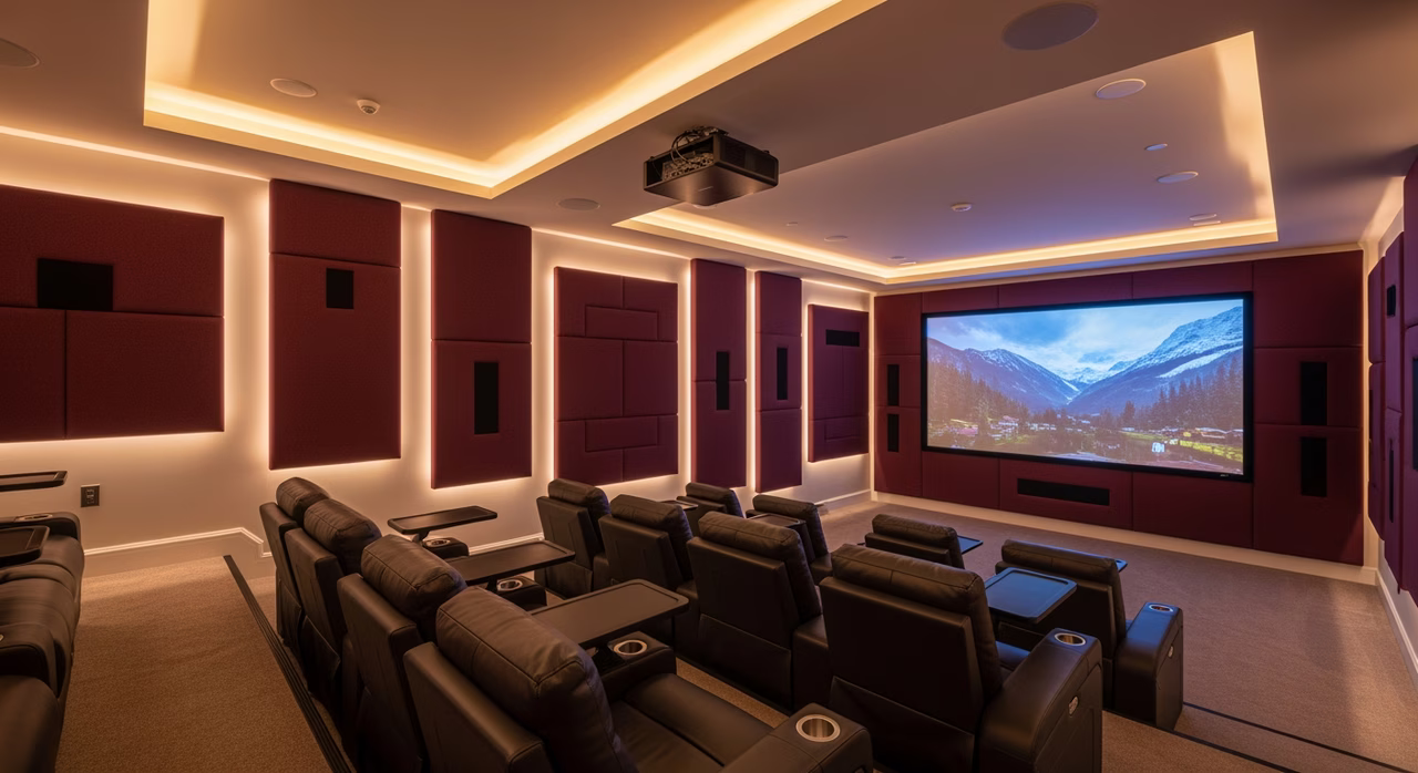 Completed Toronto luxury home theatre with fabric-wrapped acoustic panels, tiered leather recliners and 4K screen