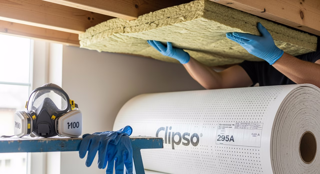 Toronto acoustic-stretch-ceiling insulation contractor installing 50mm-thick Rockwool Safe'n'Sound R-15 mineral-wool batt friction-fit between ceiling joists in cavity above future perforated stretch ceiling membrane plane, P100 half-face respirator and HSPA-compliant nitrile gloves on sawhorse, perforated Clipso 295A Acoustic membrane folded in background ready for next install step