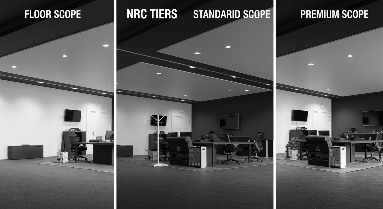 Three Toronto acoustic-stretch-ceiling NRC tiers compared: floor scope (Clipso 705A or Newmat Acoustic perforated PVC with 1mm micro-perforation approximately 15% open area over open ceiling cavity, no behind-membrane mineral-wool, NRC 0.45-0.55 light-to-moderate reverberation) at $16-$19/sqft, standard scope (Clipso 295A Acoustic or Barrisol Acoustic Original perforated PVC 15-20% open over 50mm Rockwool Safe'n'Sound R-15 backing, NRC 0.75-0.85 significant reverberation control for home theatre and music room) at $22-$28 mid, premium scope (Barrisol Acoustic Plus or Clipso 705A Premium perforated polyester-fabric 25-30% open over 100mm Rockwool Safe'n'Sound dual-layer backing with shaped 3D acoustic-baffle profile tuned to 250Hz-4000Hz, NRC 0.95+ maximum reverberation control with integrated dimmable LED cans) at $32-$38 -- labelled with ASTM C423 NRC testing standard and RT60 target