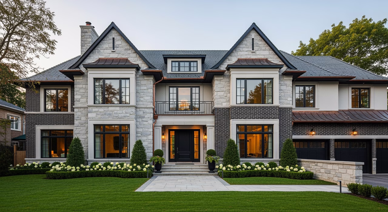 Toronto Forest Hill 2010s detached luxury custom-build home at golden hour with mature manicured trees on prestigious upper-middle-class street where premium acoustic stretch ceilings for purpose-built home theatres and recording studios with NRC 0.95-plus rating and integrated LED can-lighting run $32-$38 per sqft and RT60 target of 0.3-0.4 seconds is the optimum for movie audio clarity and music listening