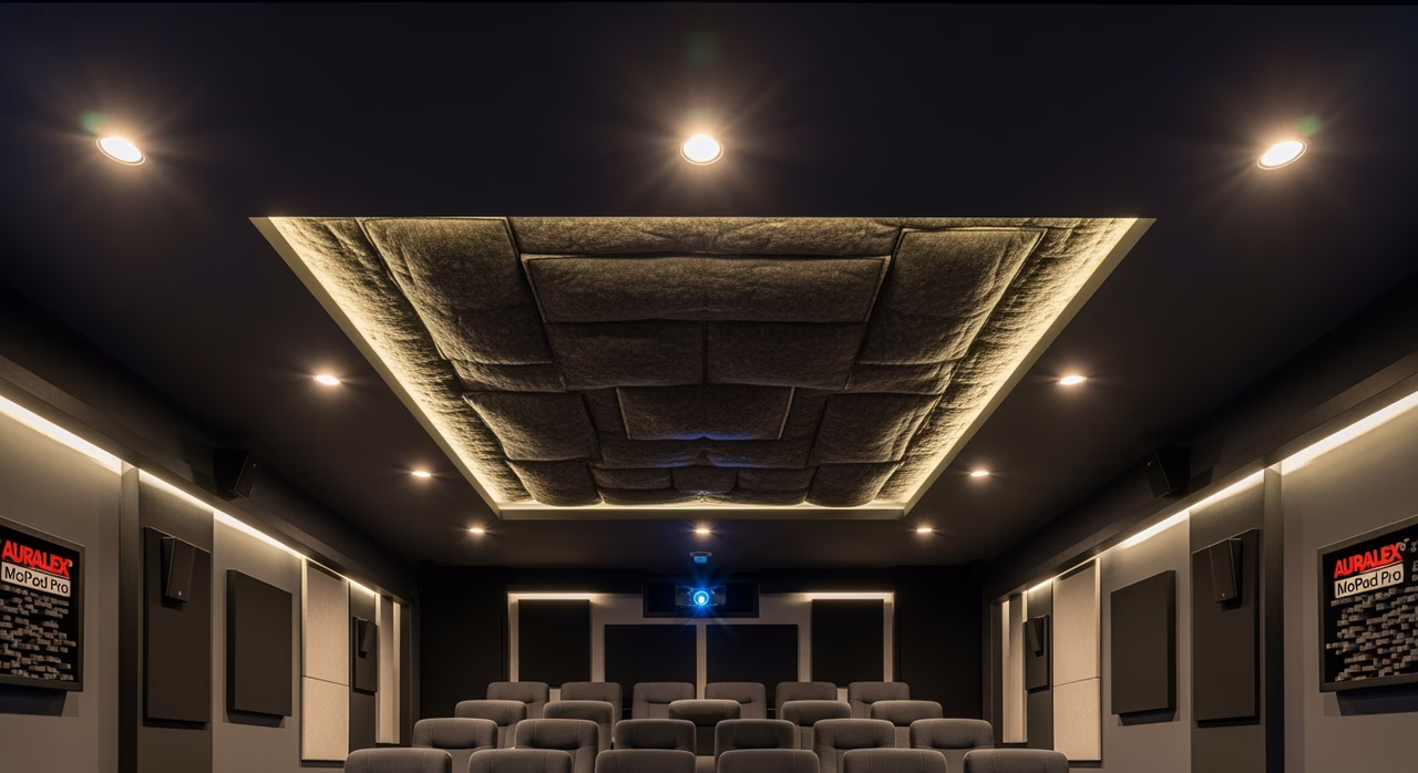 Completed Toronto luxury home-theatre room with perforated polyester-fabric acoustic stretch ceiling in deep-charcoal Newmat Acoustic Fabric Premium 25% open area over 100mm Rockwool Safe'n'Sound dual-layer backing with shaped 3D baffle profile, IC-rated Halo HLB6 4-inch LED recessed cans at corners on dimmable tunable-white driver, premium home-theatre seating with audio acoustic treatment (Auralex MoPad Pro corner bass-traps) on walls