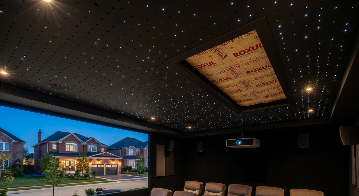 Close-up of professional acoustic stretch ceiling work delivered in Brampton