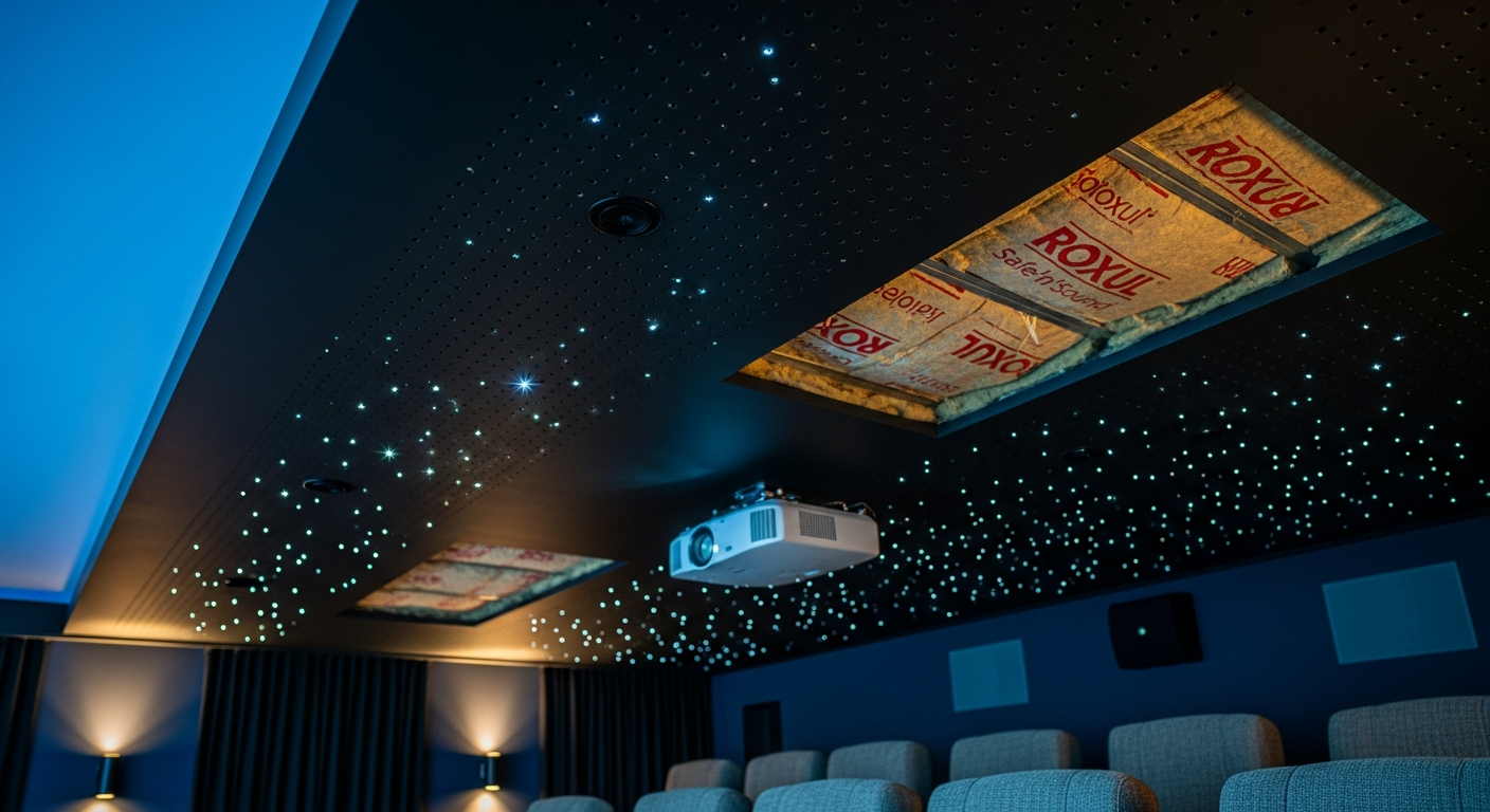 Editorial detail of a Brock acoustic stretch ceiling install — visible quality finish