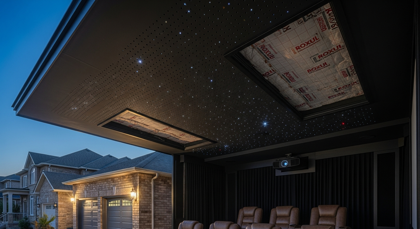 Completed acoustic stretch ceiling work showcasing finishing details in Clarington