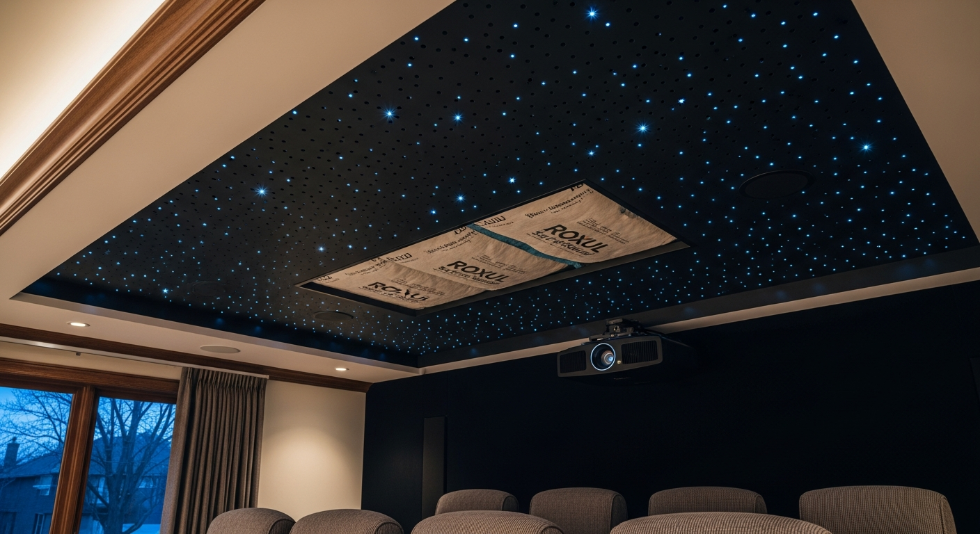 Editorial detail of a Georgetown acoustic stretch ceiling install — visible quality finish
