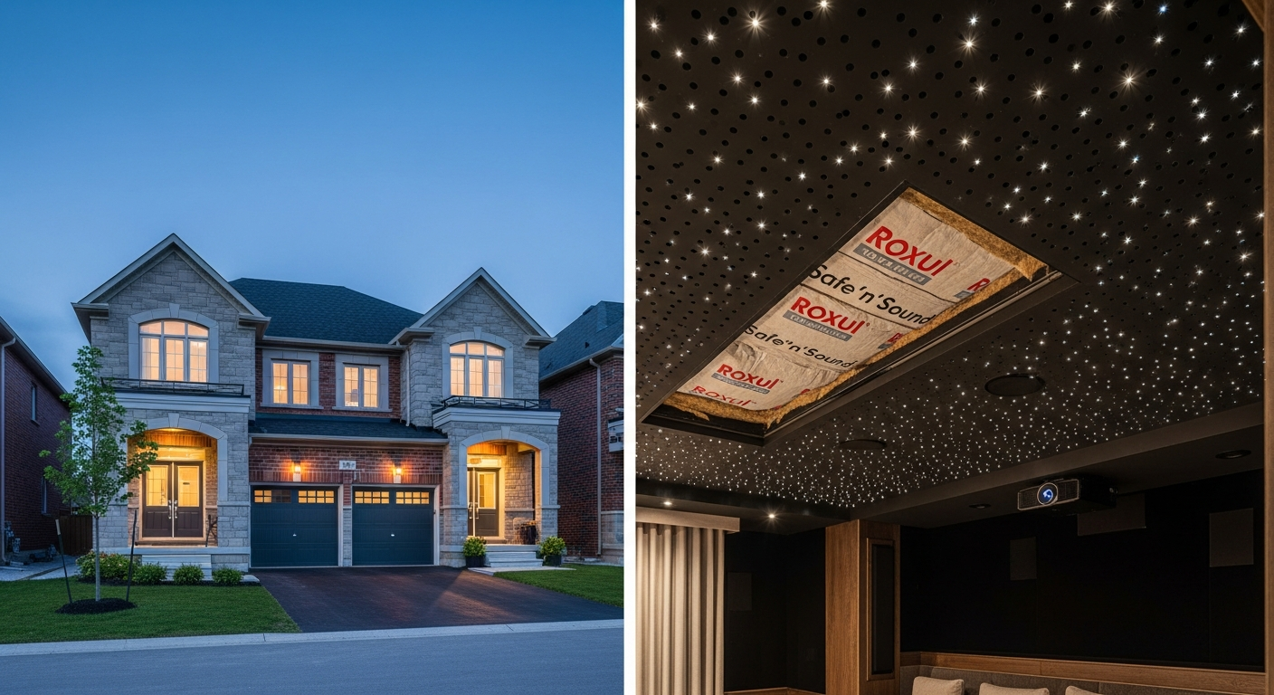 Close-up of professional acoustic stretch ceiling work delivered in Milton