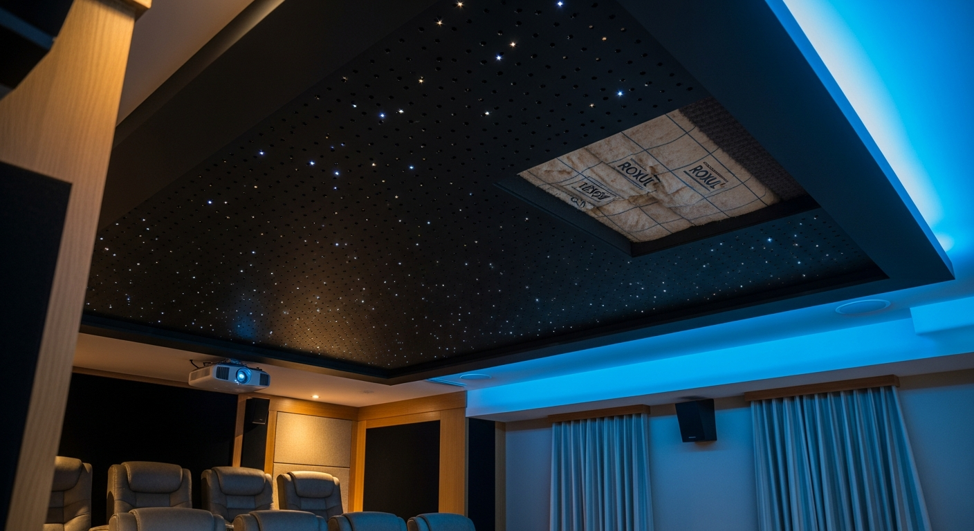 Editorial detail of a Stouffville acoustic stretch ceiling install — visible quality finish