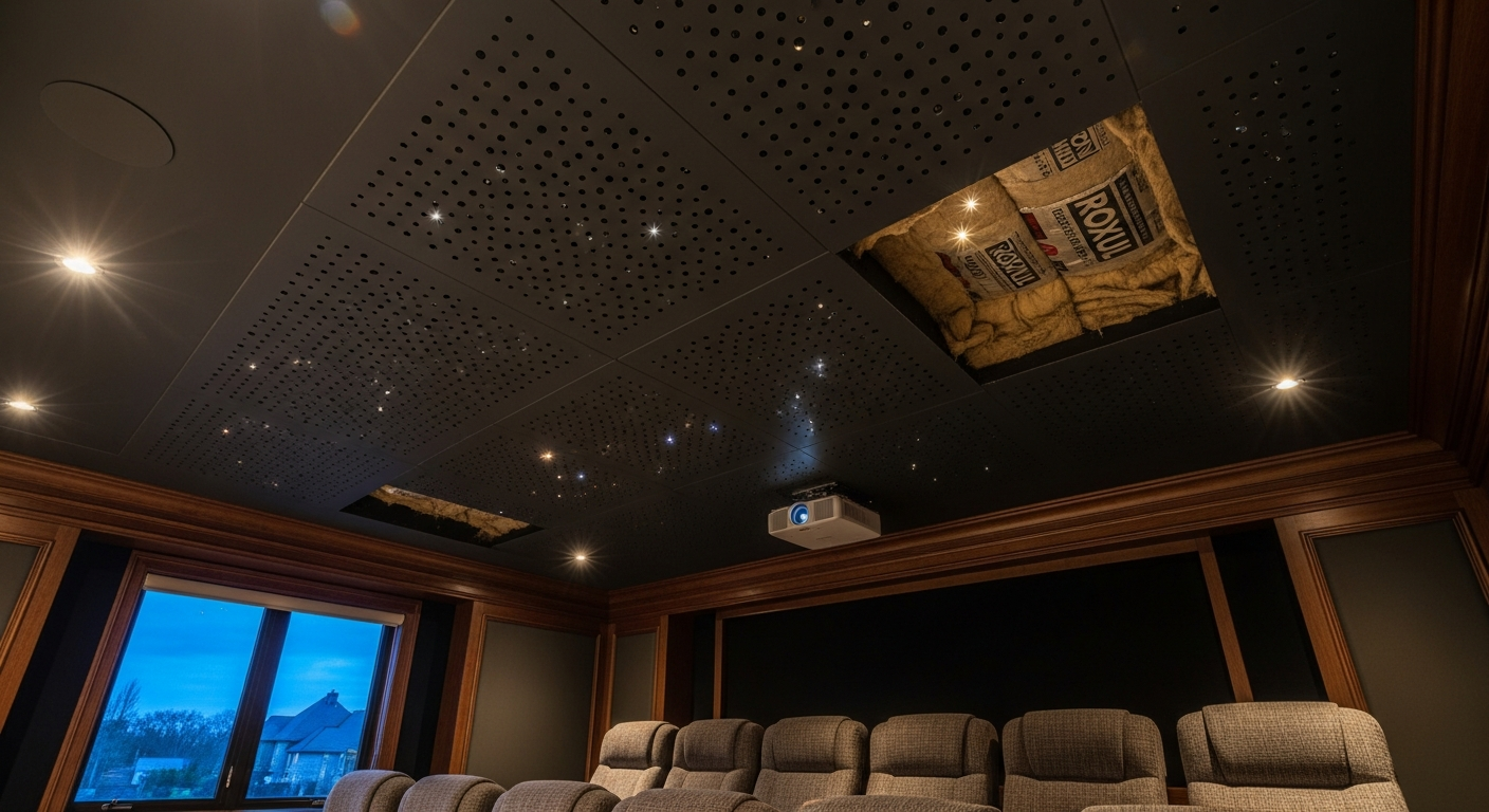 Recent Uxbridge-area acoustic stretch ceiling project — professional finish detail