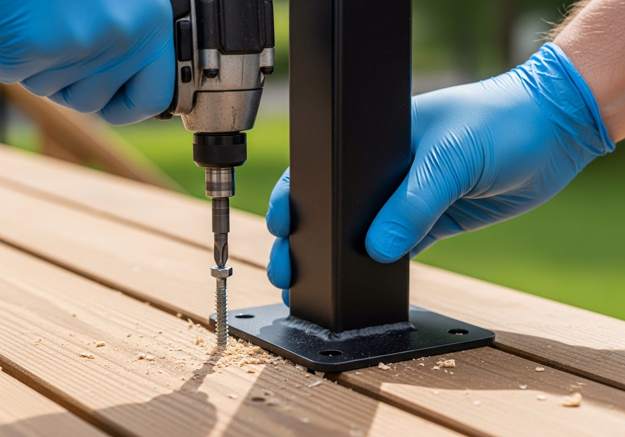 Anchoring black powder-coated aluminum railing post with structural deck screws